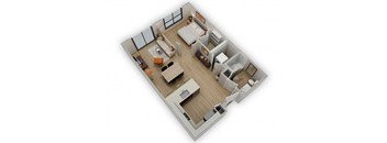 A 3D image of a modern apartment layout.