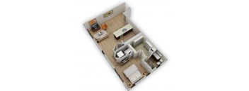 A 3D floor plan of a small apartment with a kitchen, living room, and bedroom.