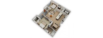 A 3D floor plan of a house with a kitchen, living room, and two bedrooms.