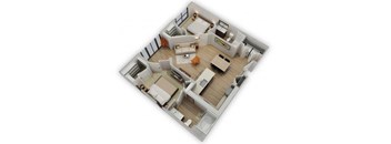 A 3D floor plan of a house with a kitchen, living room, and two bedrooms.