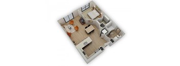 A 3D rendered image of a modern apartment layout.