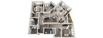 A detailed 3D floor plan of a house showing all rooms and furniture.