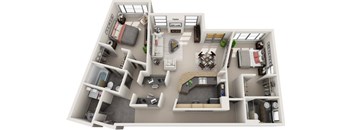A 3D floor plan of a small apartment with labeled rooms.