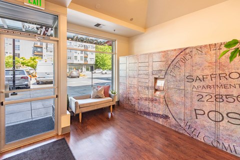 A welcoming interior of the Saffron Apartment building.