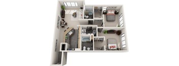 A 3D floor plan of a small apartment with a kitchen, living room, bedroom, and bathroom.