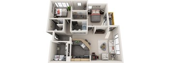 A 3D floor plan of a small apartment with a kitchen, living room, and bedroom.