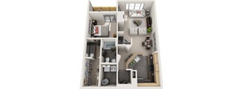 A 3D floor plan of a small apartment with a kitchen, living room, and bedroom.