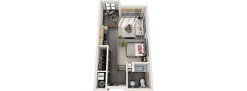 A floor plan of a small apartment with a kitchen, living room, and bathroom.