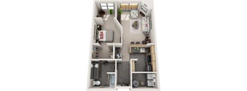 A 3D floor plan of a small apartment with a kitchen, living room, and bathroom.