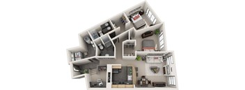 A 3D floor plan of a house with labeled rooms.