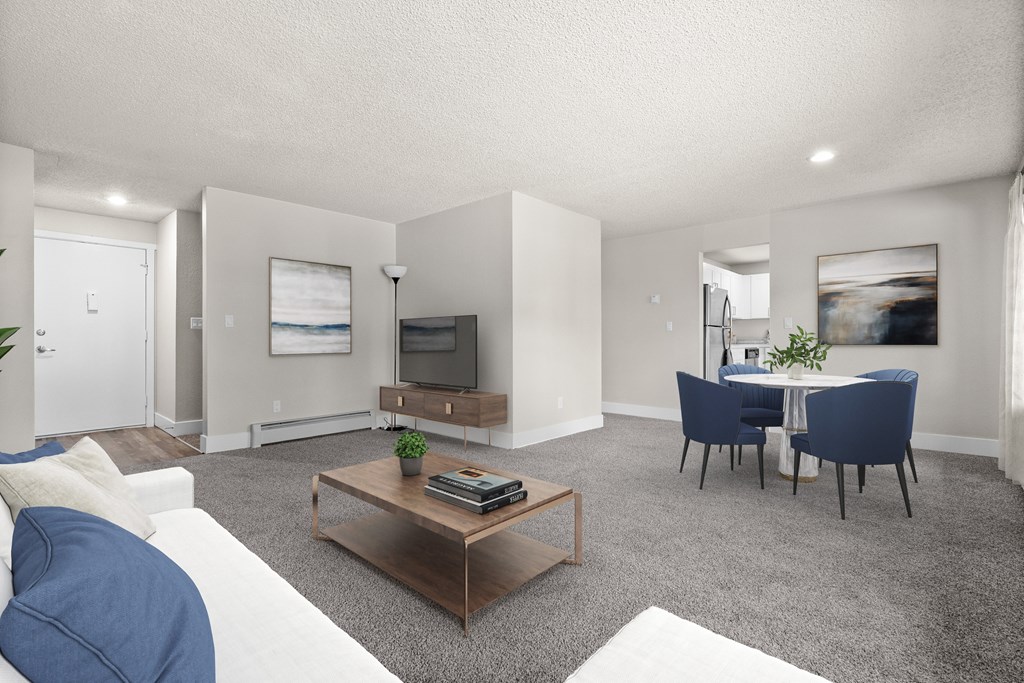 A living room with a white couch, a coffee table, and a television.
