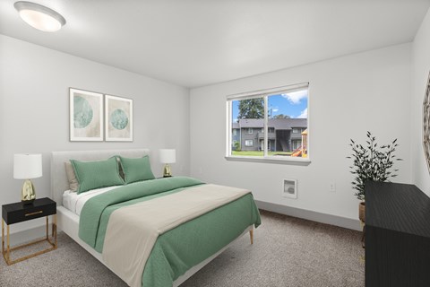 A bedroom with a large bed and a window overlooking a building.