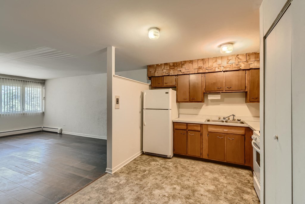 an empty kitchen with a refrigerator and a sink