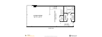 A floor plan for a living room, kitchen, and bathroom.