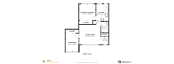 A floor plan for a home with a living room, two bedrooms, a kitchen, a closet, and storage.