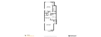 A floor plan for an apartment with a living room, dining room, kitchen, and one bedrooms.