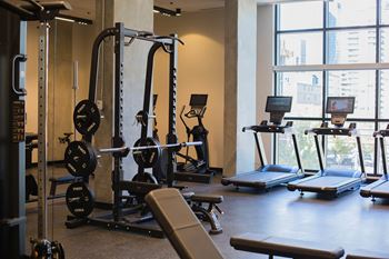 A gym with treadmills, weightlifting equipment and a rowing machine.