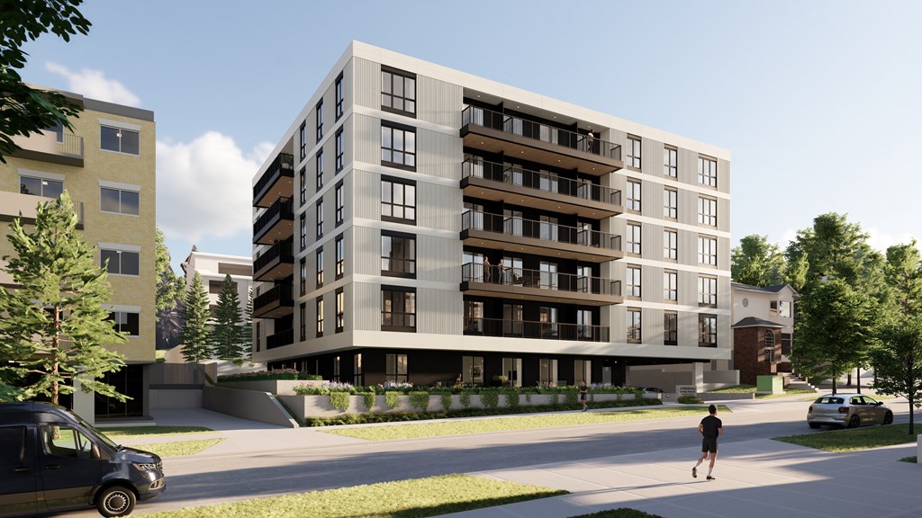 a rendering of an apartment building on a city street