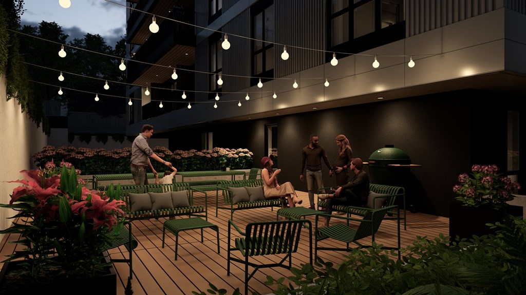 a rendering of a patio with chairs and lights