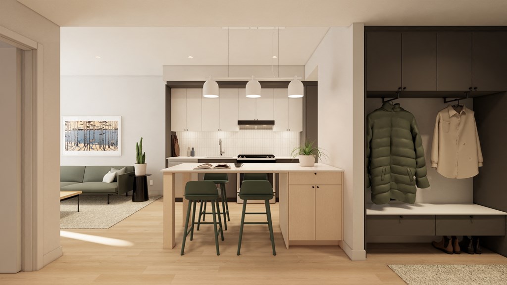 a rendering of a kitchen and living room with a bar and stools