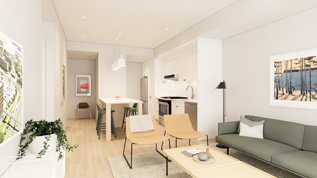 a living room with a couch and a table