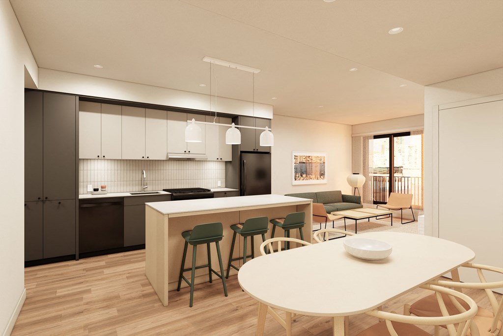 a rendering of a kitchen and dining room in a house