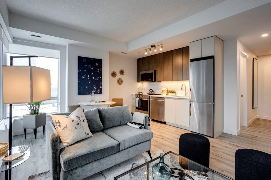 Living  Room And Kitchen View at Citizen on Jasper, Edmonton, Alberta