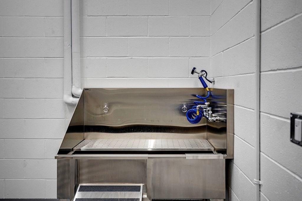 a sink with a blue faucet in a room  at Citizen on Jasper, Edmonton, AB