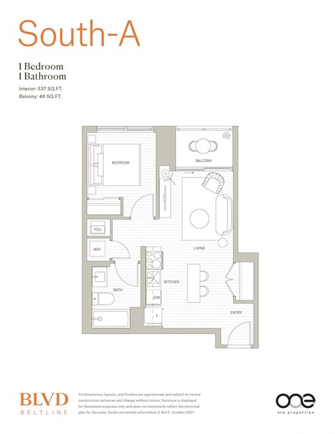South-A Floor Plan at BLVD Beltline, Calgary, AB, T2G 2K4