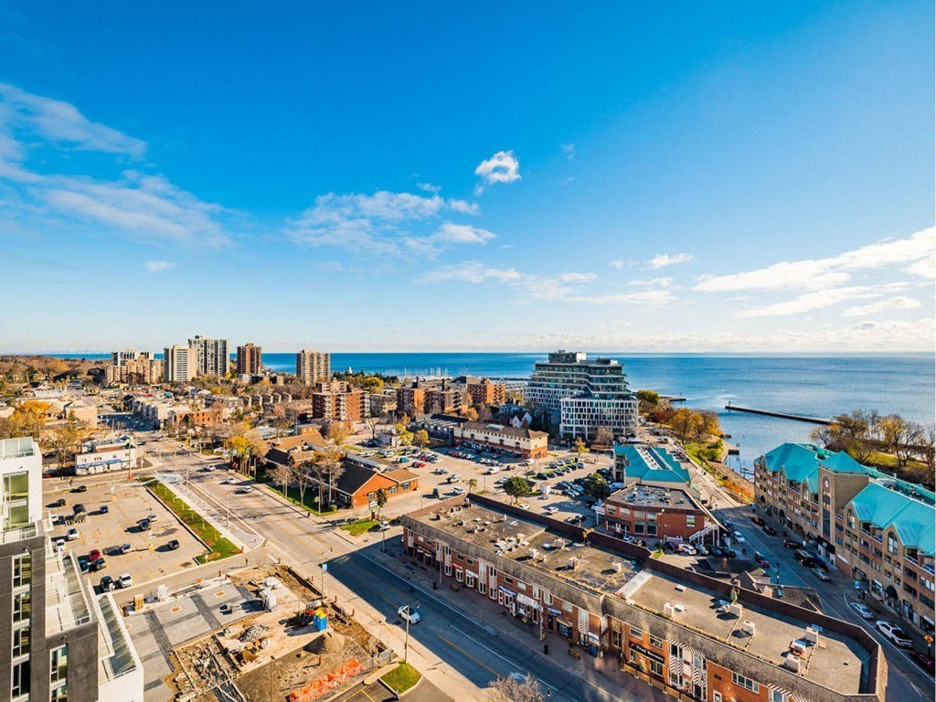 an aerial view of a city and the ocean at The Village, Ontario