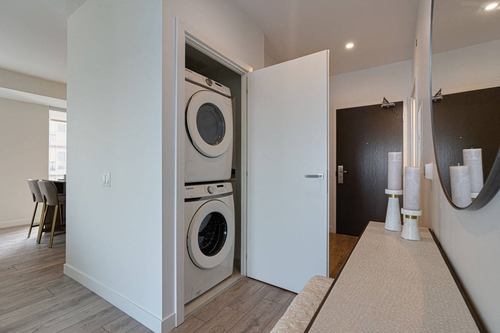 a washer and dryer in a closet in a living room