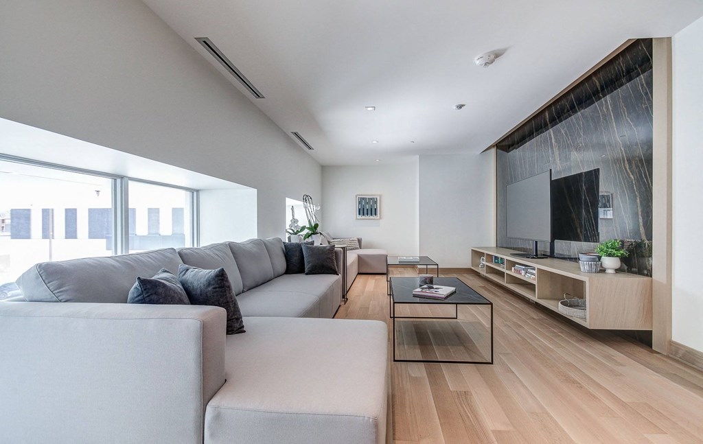 a living room with a gray couch and a television
