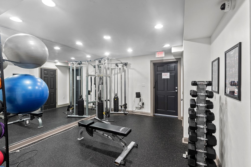 the gym is equipped with weights and cardio equipment at the preserve at great neck apartments