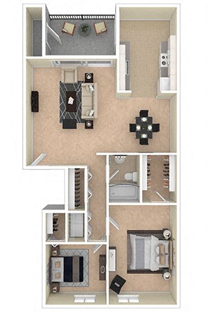 Ashley Apartments 1 Bedroom 2A/B floor plan