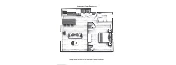 A black and white drawing of a standard one bedroom apartment.