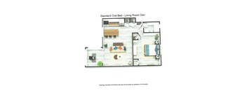 A drawing of a living room den with a standard one bed.