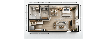A floorplan of a garden studio apartment with a living room, kitchen, bathroom, and closet.