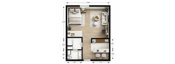 A top-down view of a small apartment layout with a bedroom, living room, and kitchen.