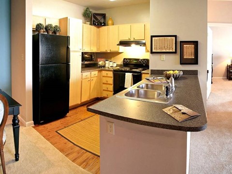 A kitchen with a black refrigerator and wooden cabinets.