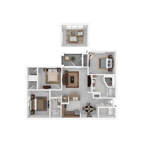 a 3d floor plan of a house with different floors and furniture
