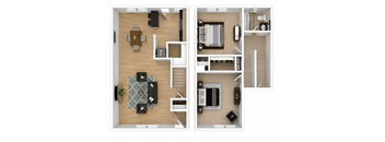 A floor plan of a two-story apartment with a living room, dining room, kitchen, and bedrooms.