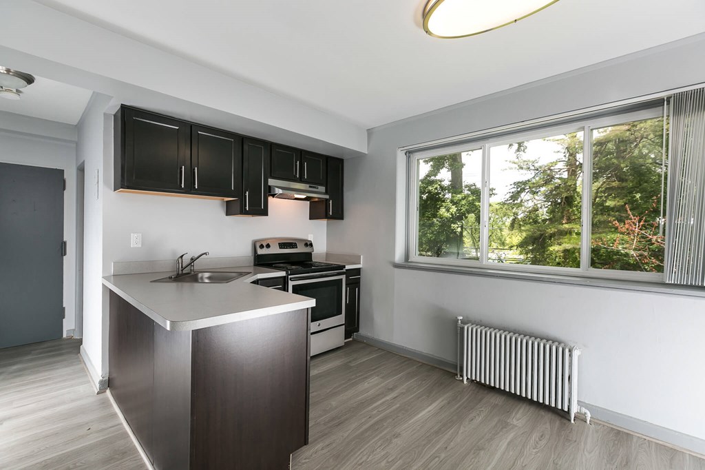 A modern kitchen with a stainless steel island and wooden flooringat Greenbelt Properties, Greenbelt.