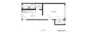 A floor plan of a one bedroom apartment with a living area, kitchen and bathroom.