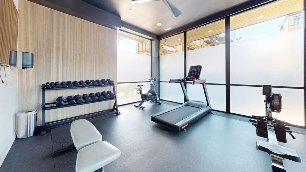 a gym with a treadmill and weights on the floor