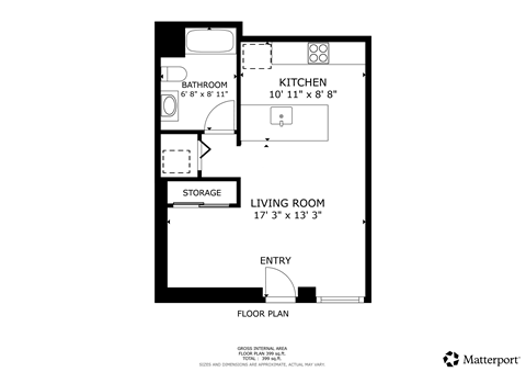 A floor plan for a home with a living room, kitchen, bathroom, entry and storage space.