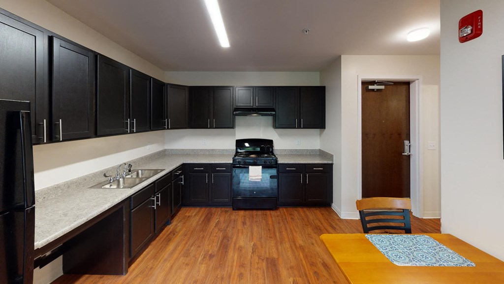 a kitchen with black cabinets and a sink and a stove