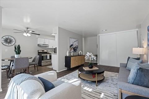 A modern living room with a grey sofa and a coffee table.