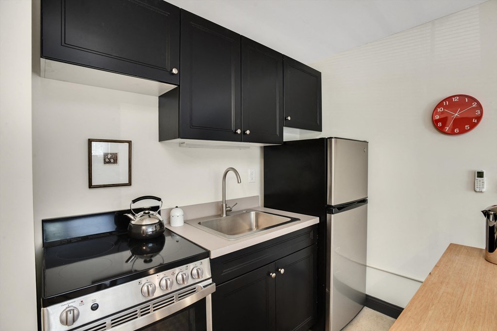 a kitchen with black cabinets and a stove and a refrigerator