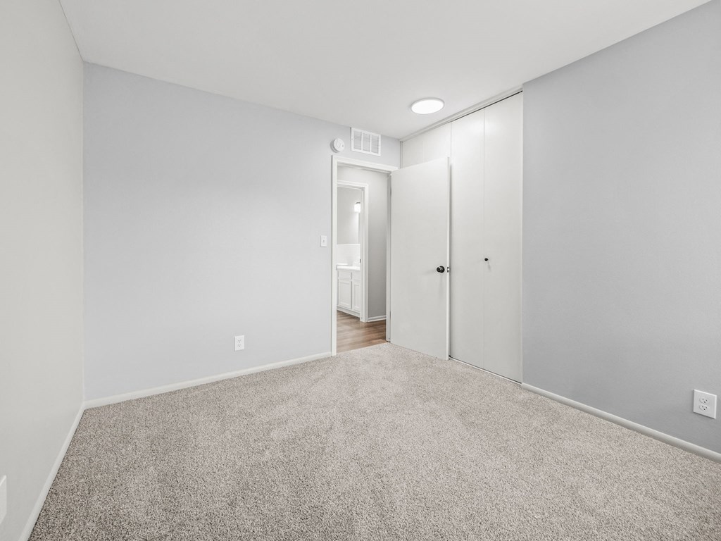 a master bedroom with gray walls and a carpeted floor