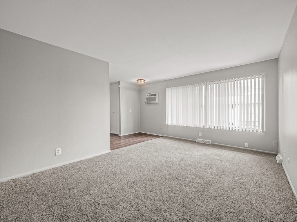 a bedroom with a large window and a carpeted floor